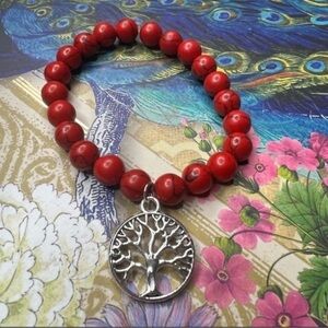 Handmade Red Howlite Beaded Stretchy Bracelet With Tree Of Life Charm NWT